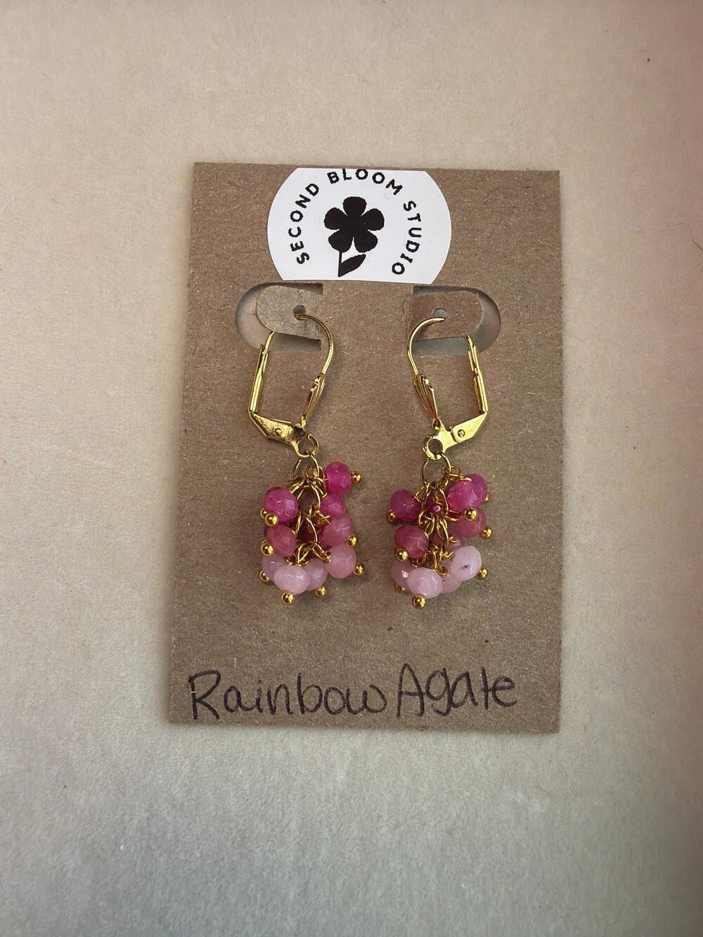 Rainbow Agate Cascade Earrings, Pink, 18K Gold Plated, Wire Wrapped, Artisan